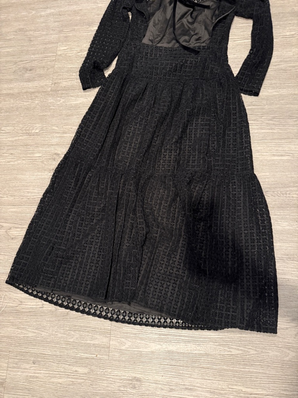 Black Long-Sleeve Crochet Midi Dress with Tie Necky - Picture 12 of 12